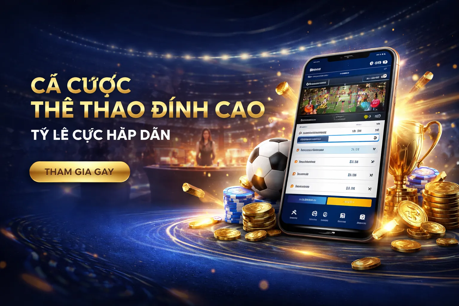 Sân vận động với trận đấu bóng đá đang diễn ra, ánh sáng xanh vàng